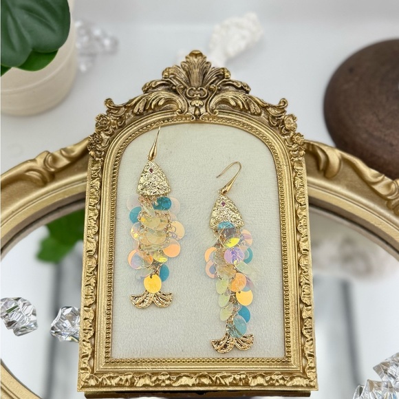 Gold Iridescent Fish Dangle Earrings | Unique Textured Design - Picture 8 of 9